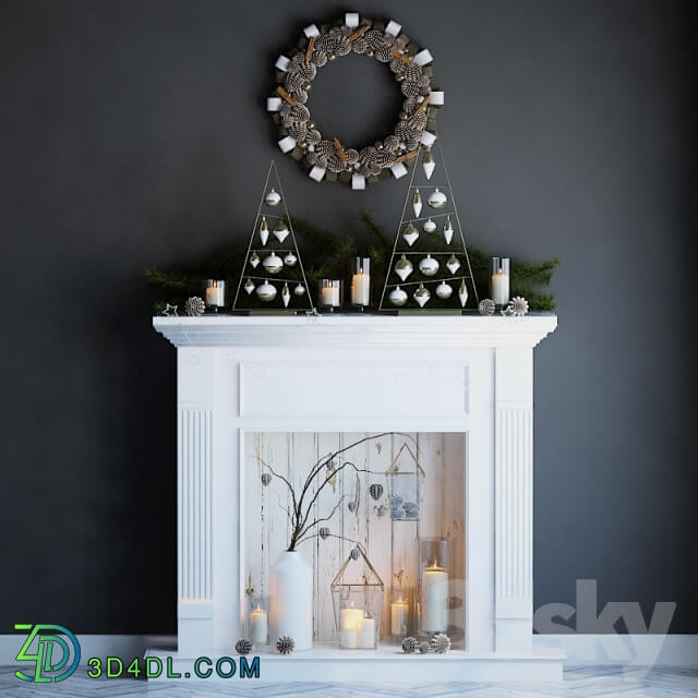 Artificial fireplace with candles and Christmas decorations