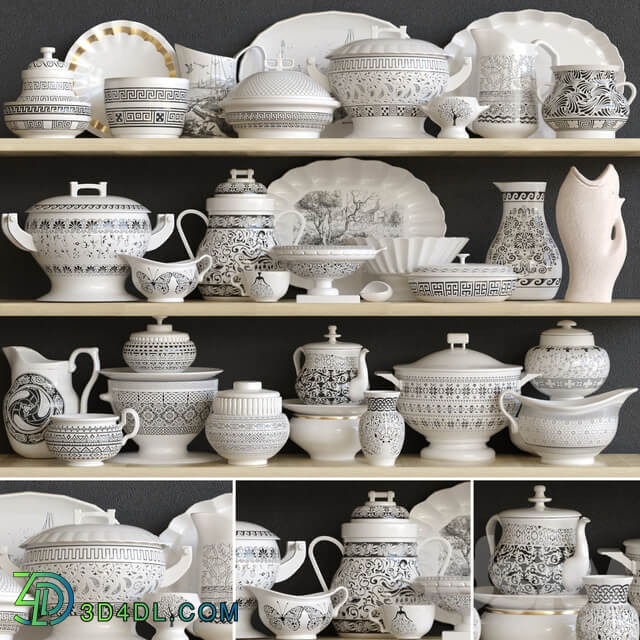 Classic set of dishes from porcelain. Service kitchen accessories 3D Models
