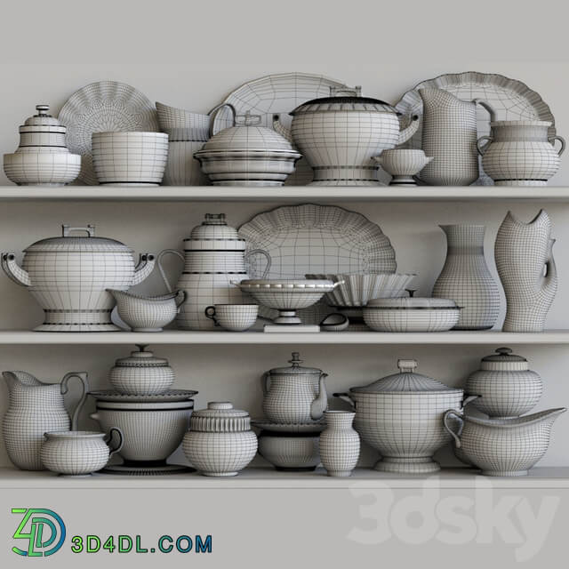 Classic set of dishes from porcelain. Service kitchen accessories 3D Models
