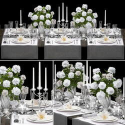 Table setting 4. ZARA HOME. White bouquet peonies tablecloth glass vase 6 persons luxury decor table decoration cutlery candles stylish festive solemn 3D Models 