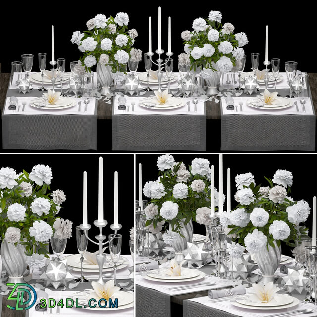 Table setting 4. ZARA HOME. White bouquet peonies tablecloth glass vase 6 persons luxury decor table decoration cutlery candles stylish festive solemn 3D Models
