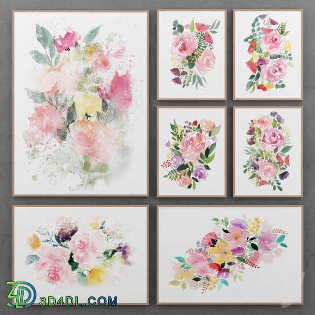 Set of paintings with watercolor flowers