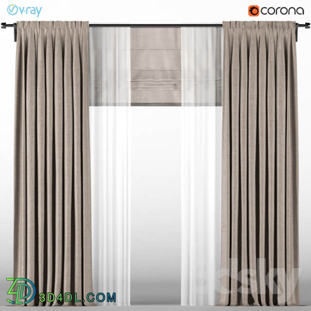 A series of brown curtains with white tulle Roman blinds.