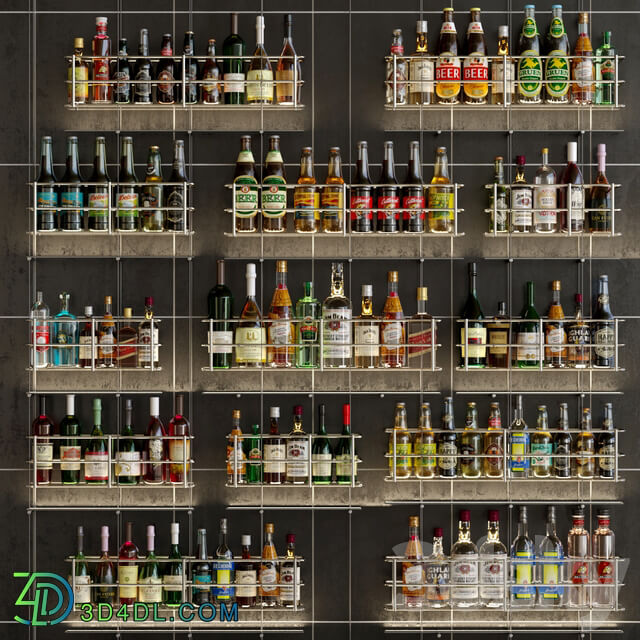 Design project of a bar or restaurant with a beautiful arrangement of bottles. Alcohol 3D Models