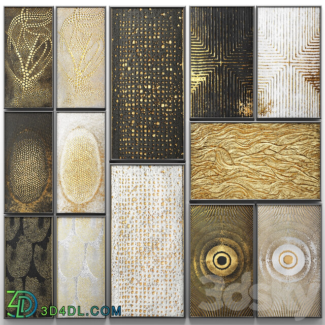 A collection of paintings. Gold. 3. wall decor a set of paintings luxury panels gold white black set decorative abstraction pattern 3D Models