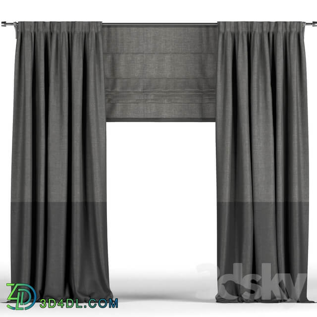 Black curtains in two shades black Roman blinds.