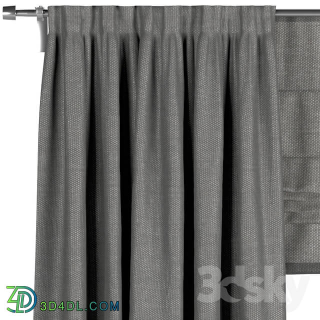 Black curtains in two shades black Roman blinds.