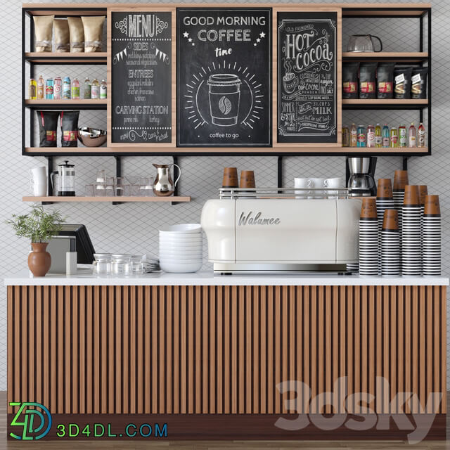 Design project of a cafe in ethnic style with a coffee machine and accessories on the shelves 3D Models