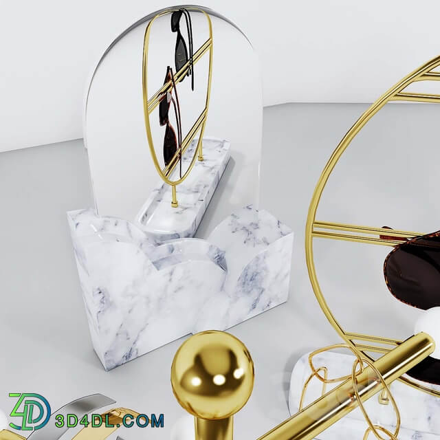 A set of stands for jewelry and glasses with a mirror.