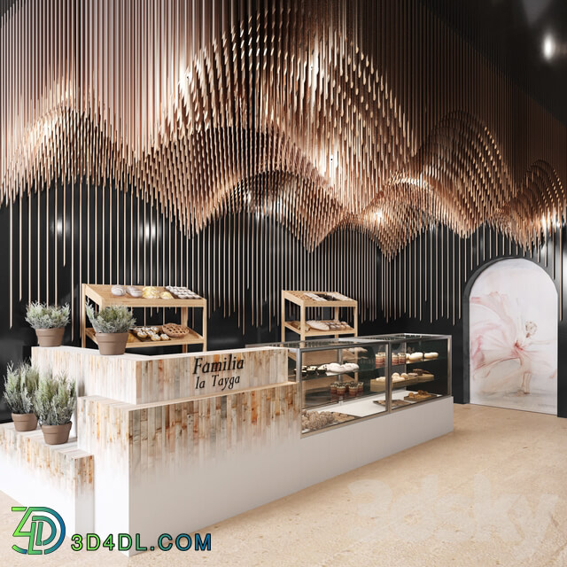Design project of a restaurant with elements of copper decor and a showcase with desserts and sweets 3D Models