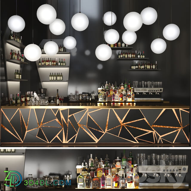 A bar counter with a beautiful backlight and a collection of alcohol. 3D Models