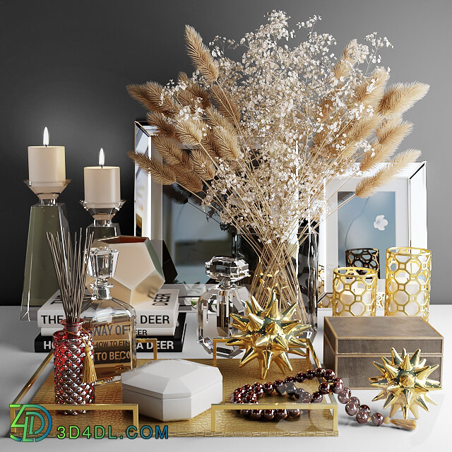 Decorative set with a bouquet of white flowers and dry grass