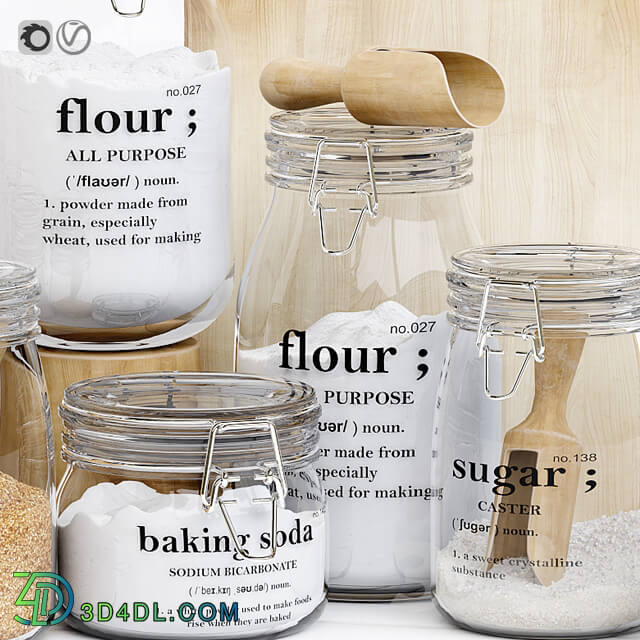 Set of glass jars for the kitchen with sugar and flour