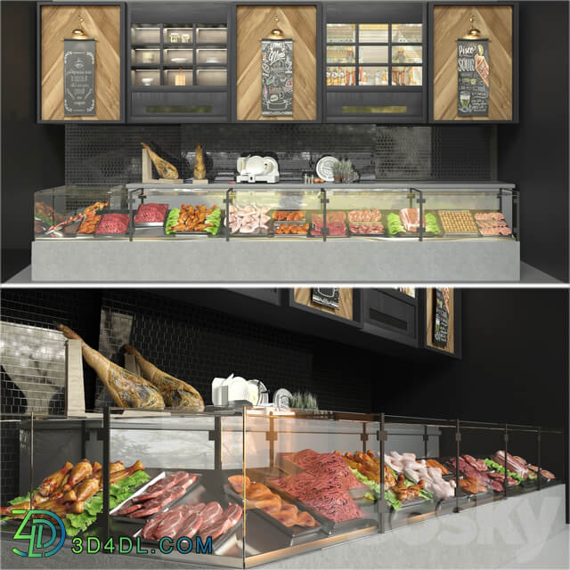 Showcase in a supermarket with semi finished products and meat. Food 3D Models