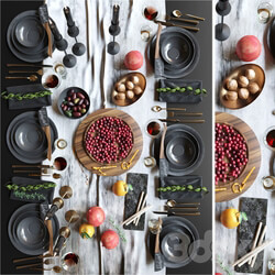 Beautiful table setting with black dishes with fruits nuts and candlesticks. Service 3D Models 