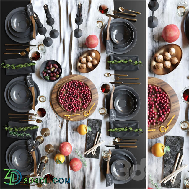 Beautiful table setting with black dishes with fruits nuts and candlesticks. Service 3D Models
