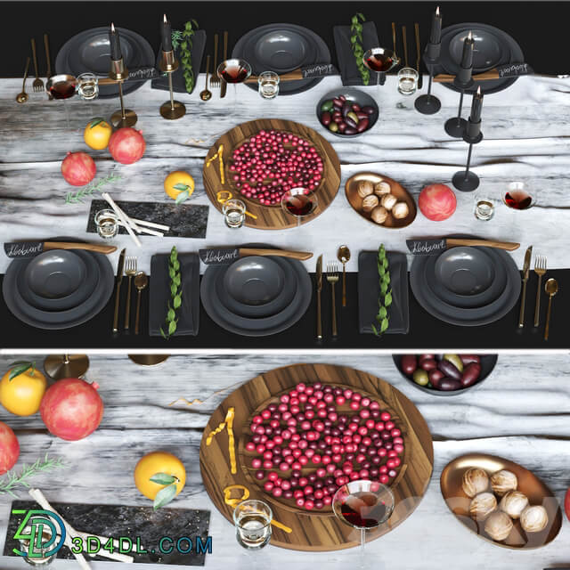 Beautiful table setting with black dishes with fruits nuts and candlesticks. Service 3D Models