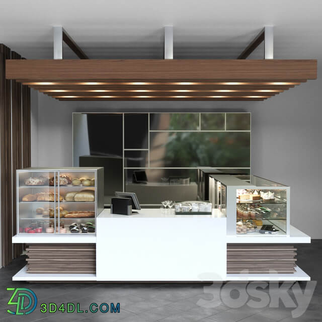 Design project of a coffee point with a confectionery showcase and desserts. Cafe 3D Models
