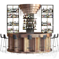 Bar counter with copper decor and strong alcohol. The pub 3D Models 