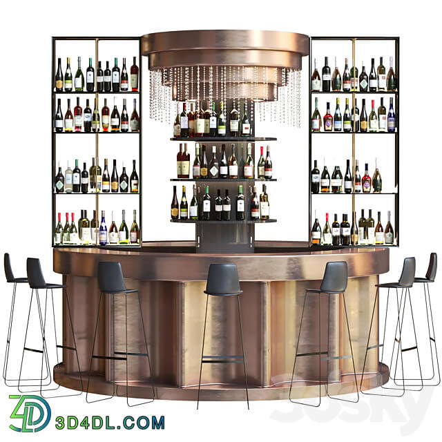 Bar counter with copper decor and strong alcohol. The pub 3D Models