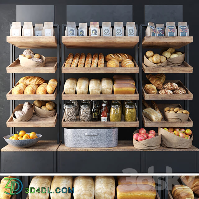 A large showcase in a bakery with bread and other products. Bakery products 3D Models