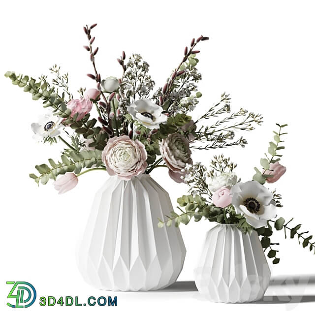 Two bouquets in white ribbed vases