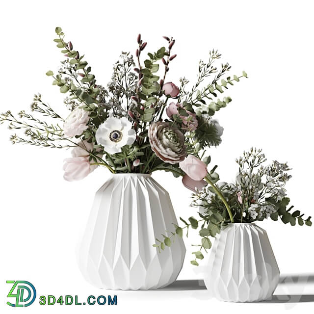 Two bouquets in white ribbed vases