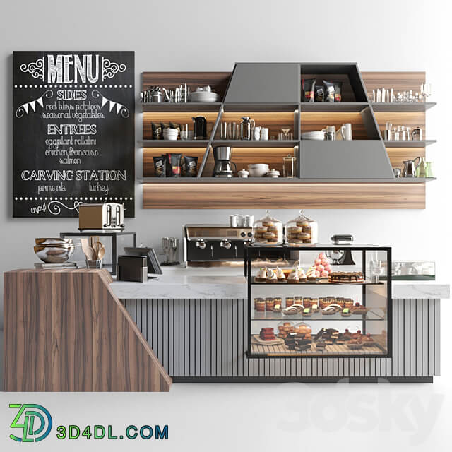 Design project of coffee point in loft style with desserts and sweets. Cafe 3D Models