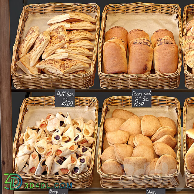 Showcase with pastries for shop and cafe. Bread 3D Models