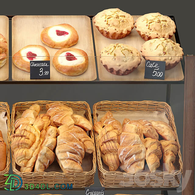 Showcase with pastries for shop and cafe. Bread 3D Models