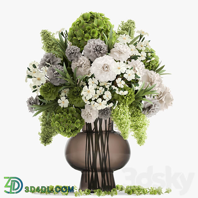 Bouquet 151. hydrangea green flowers vase lilac peonies glass petals eco design 3D Models