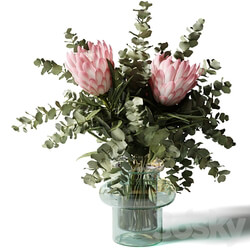 Bouquet with three pink proteas and eucalyptus in a glass vase 3D Models 3DSKY 
