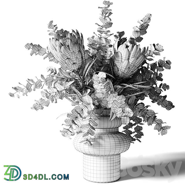 Bouquet with three pink proteas and eucalyptus in a glass vase 3D Models 3DSKY
