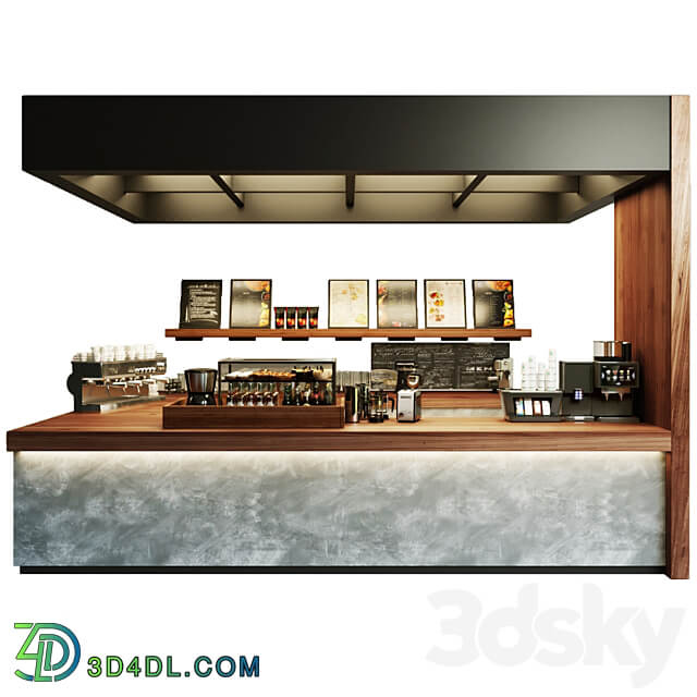 Design project of a coffee shop with a showcase with desserts and sweets and a coffee machine. Cafe 3D Models