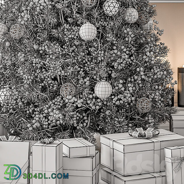 Christmas Decoration 26 Christmas Gold and White Tree with Gift 3D Models 3DSKY