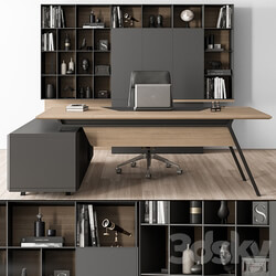 Manager Desk and Library Wood and Black Office Furniture 266 3D Models 