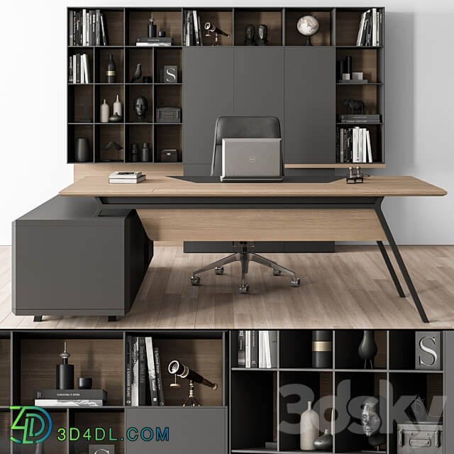 Manager Desk and Library Wood and Black Office Furniture 266 3D Models