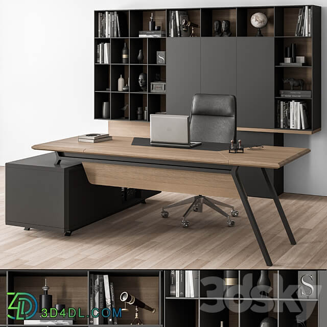 Manager Desk and Library Wood and Black Office Furniture 266 3D Models