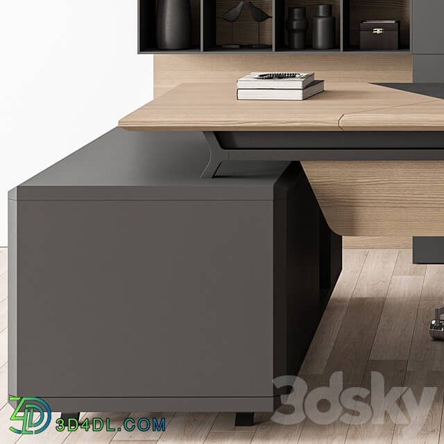 Manager Desk and Library Wood and Black Office Furniture 266 3D Models