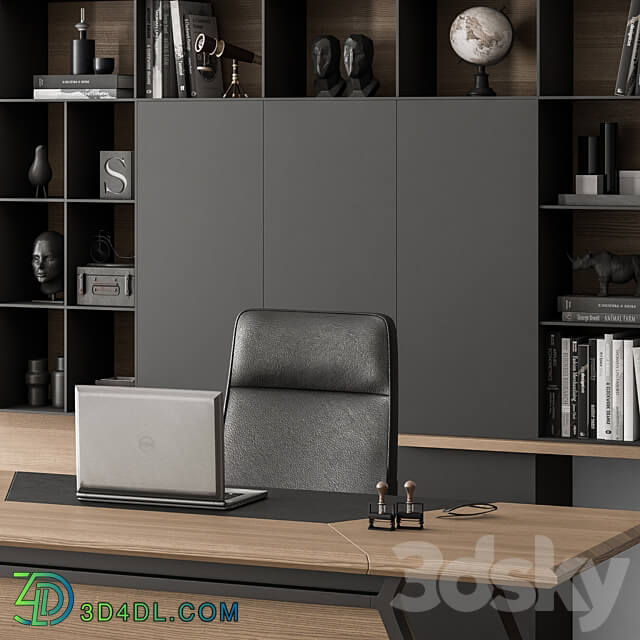 Manager Desk and Library Wood and Black Office Furniture 266 3D Models