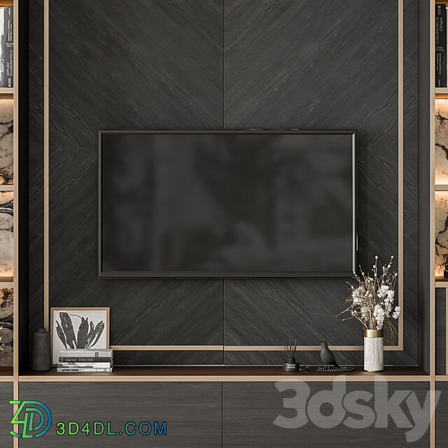 TV Wall Black Wood with Stone Slab Set 32 TV Wall 3D Models