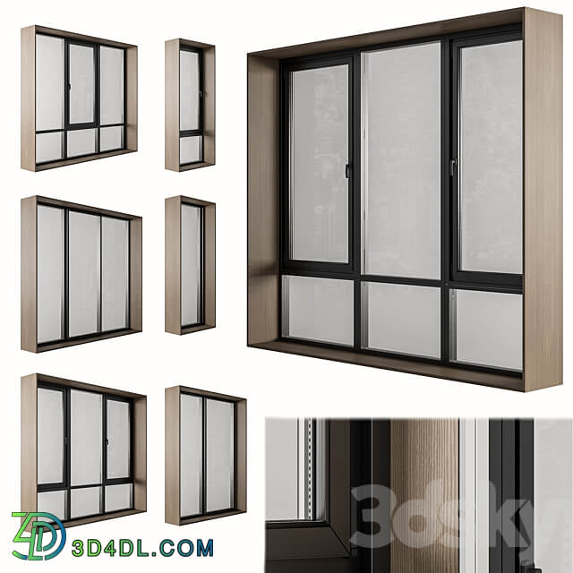 Black Modern Window with Wooden Frame Windows Set 06 3D Models