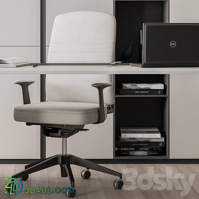 Boss Desk with Library Black and White Table Office Furniture 285 3D Models