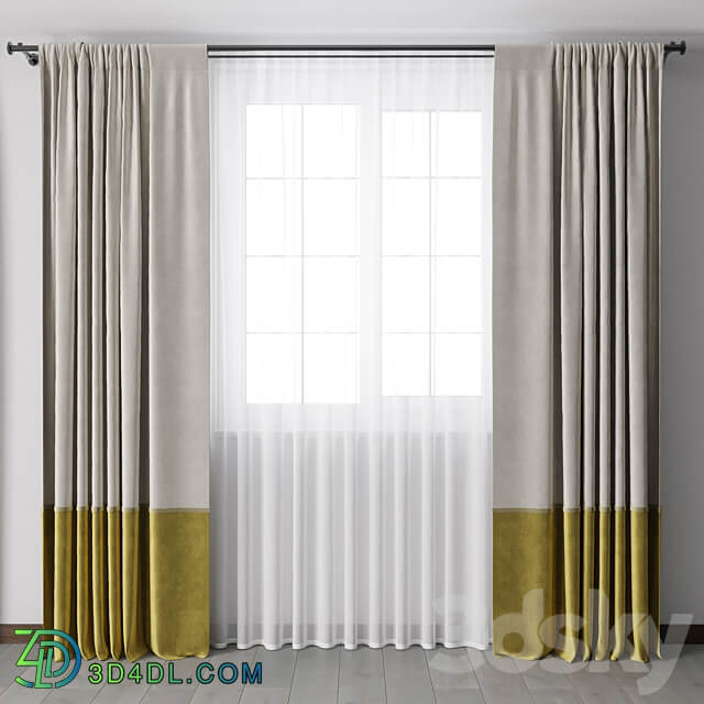 yellow Curtains with metal curtain rod 07 3D Models