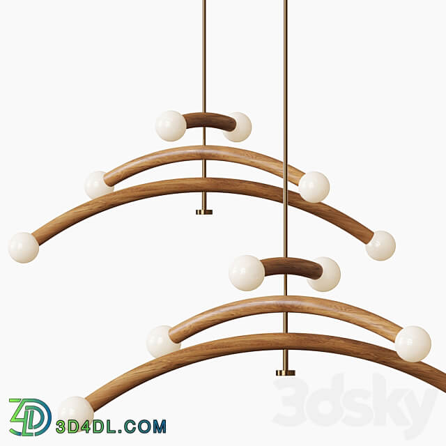 Contemporary Bleached White Oak and Brass LED Chandelier Pendant light 3D Models