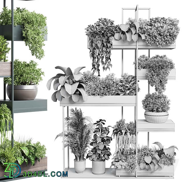 Standing metal shelf with a set of plants in wooden and metal boxes 267 3D Models