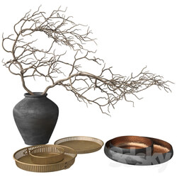 Rustic Set Vase Branch Copper Bowl and Brass Tray 