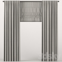 Brown curtains with a roman curtain. 