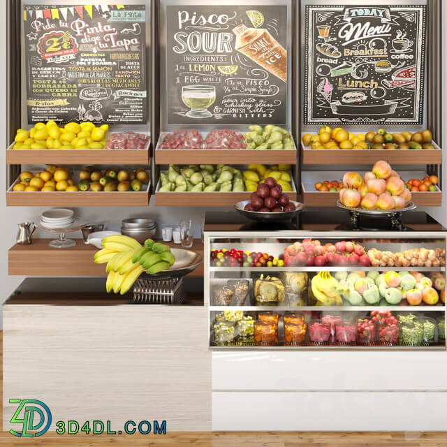 A small showcase in a supermarket with a large selection of fruits and vegetables. Food 3D Models