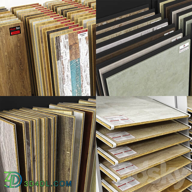 Exhibition stands with samples of laminate porcelain tile stucco molding